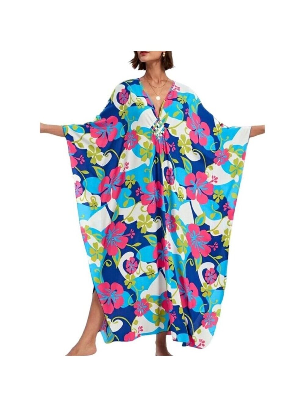 Women's Blue White Flowers Batwing Sleeve Flowy Split Hem Bohemian Kaftan Dress